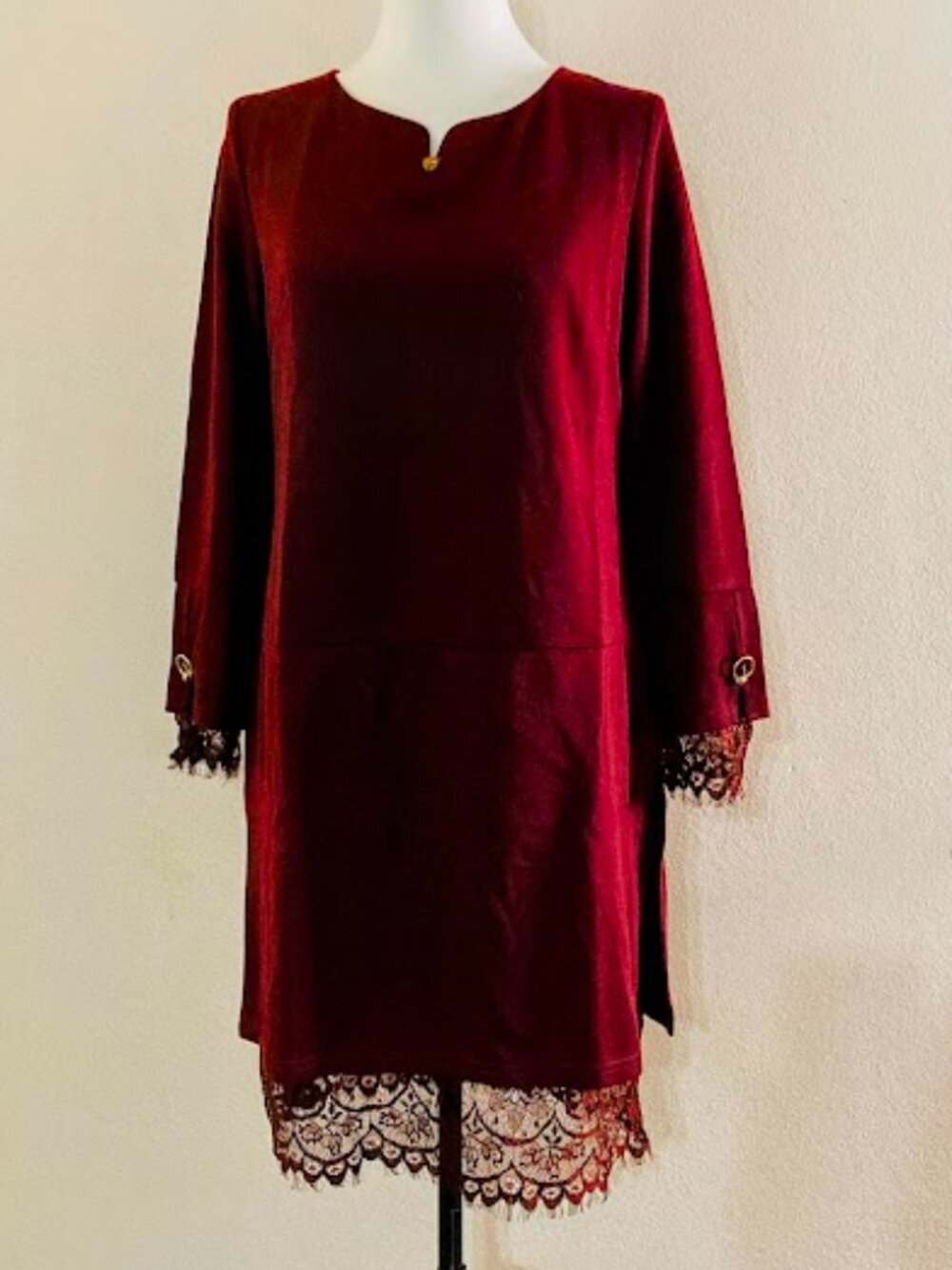 #48875 An elegant burgundy long-sleeved dress with lace trim